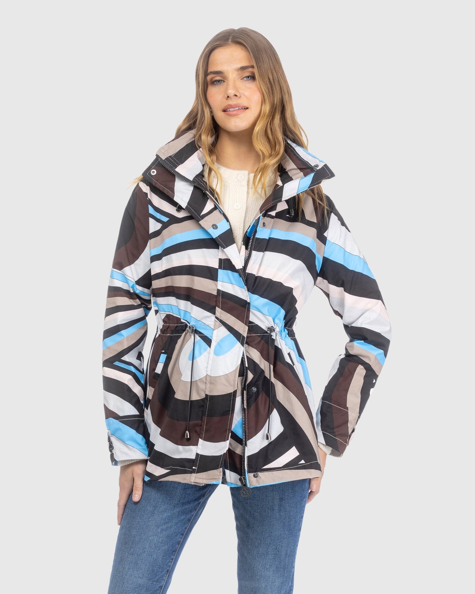 Lightweight Zip Jacket With Concealed Hood | Sky/Brown Swirl