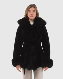 Textured Shearling Lamb Reversible Parka With Merinillo Shearling Lamb Hood Trim, Tuxedo, Cuffs & Belt | Black/Black