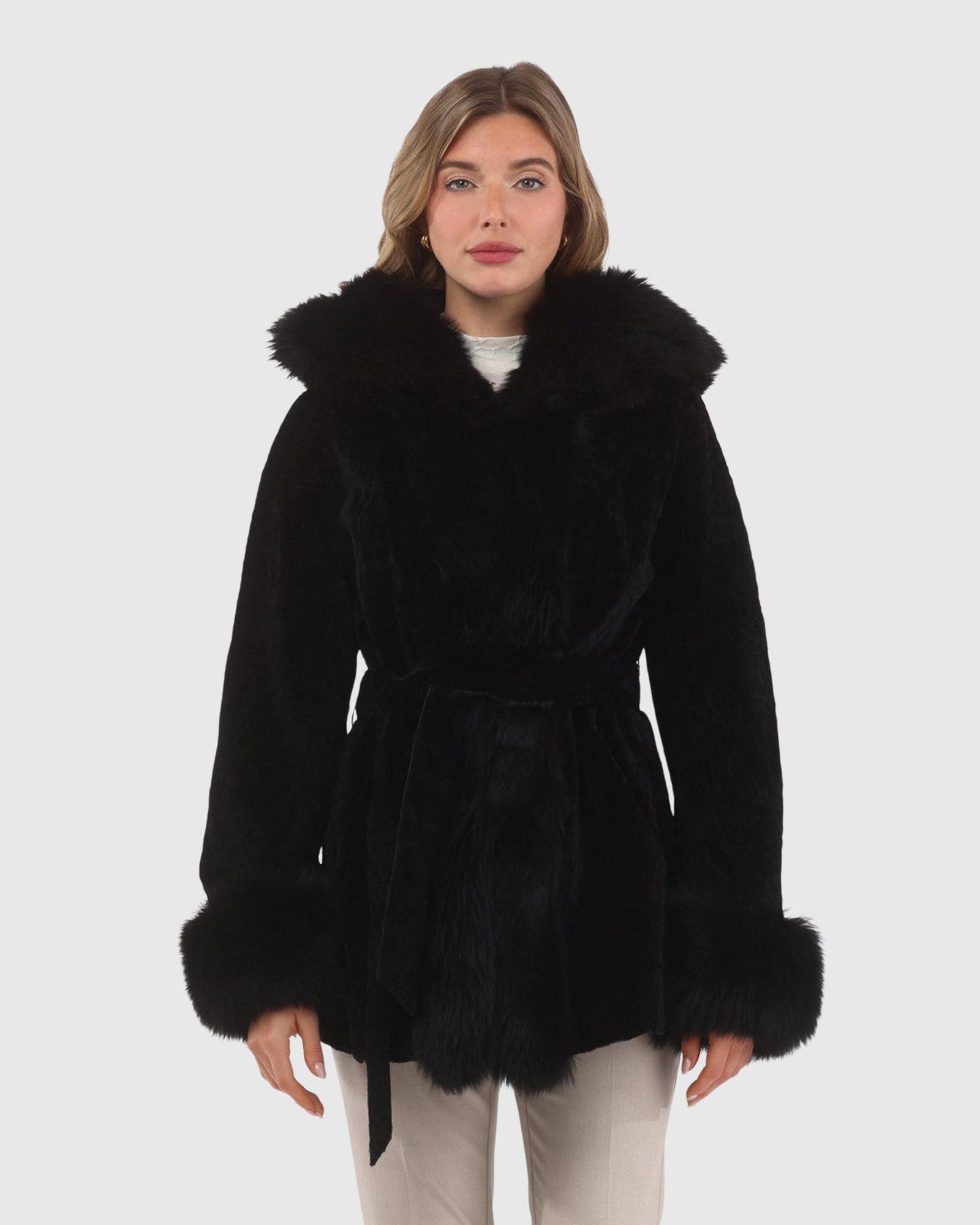 Textured Shearling Lamb Reversible Parka With Merinillo Shearling Lamb Hood Trim, Tuxedo, Cuffs & Belt | Black/Black