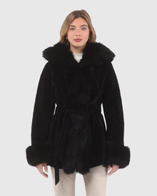 Textured Shearling Lamb Reversible Parka With Merinillo Shearling Lamb Hood Trim, Tuxedo, Cuffs & Belt | Black/Black