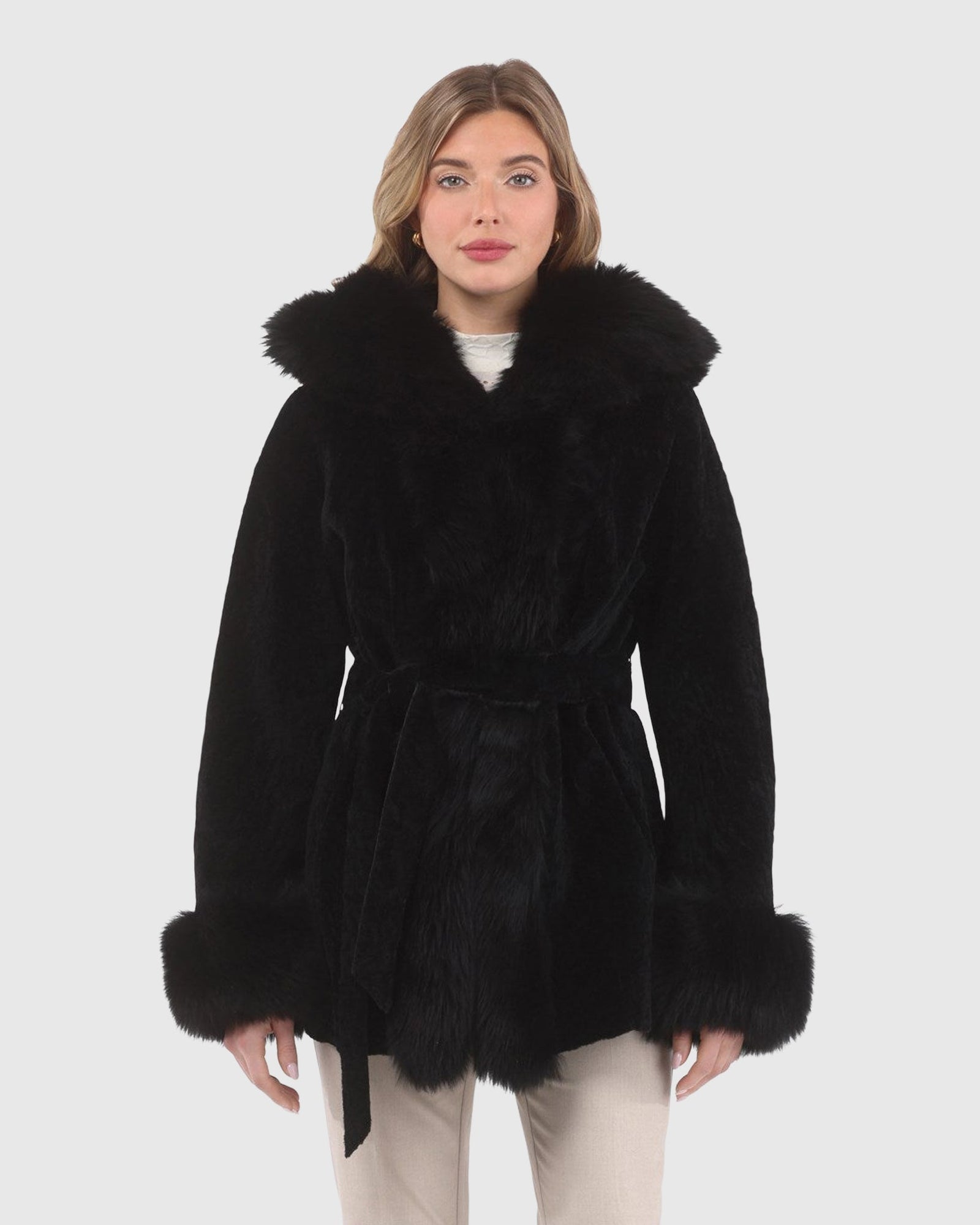 Textured Shearling Lamb Reversible Parka With Merinillo Shearling Lamb Hood Trim, Tuxedo, Cuffs & Belt | Black/Black