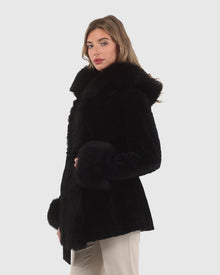 Textured Shearling Lamb Reversible Parka With Merinillo Shearling Lamb Hood Trim, Tuxedo, Cuffs & Belt | Black/Black