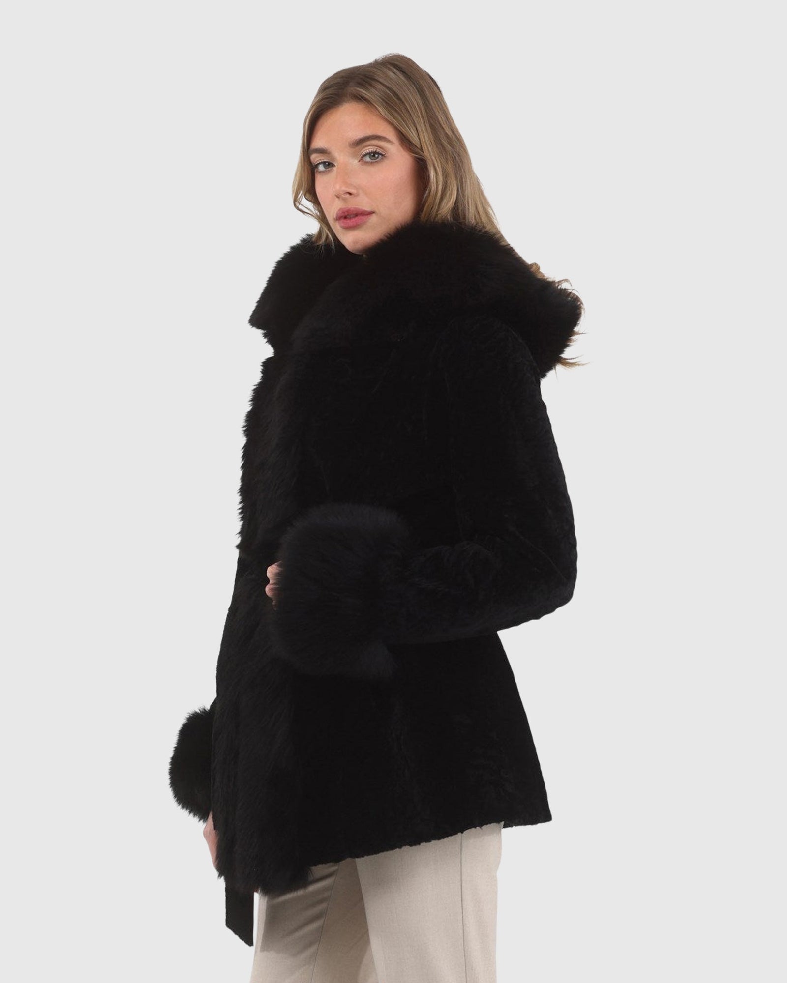 Textured Shearling Lamb Reversible Parka With Merinillo Shearling Lamb Hood Trim, Tuxedo, Cuffs & Belt | Black/Black