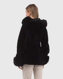 Textured Shearling Lamb Reversible Parka With Merinillo Shearling Lamb Hood Trim, Tuxedo, Cuffs & Belt | Black/Black