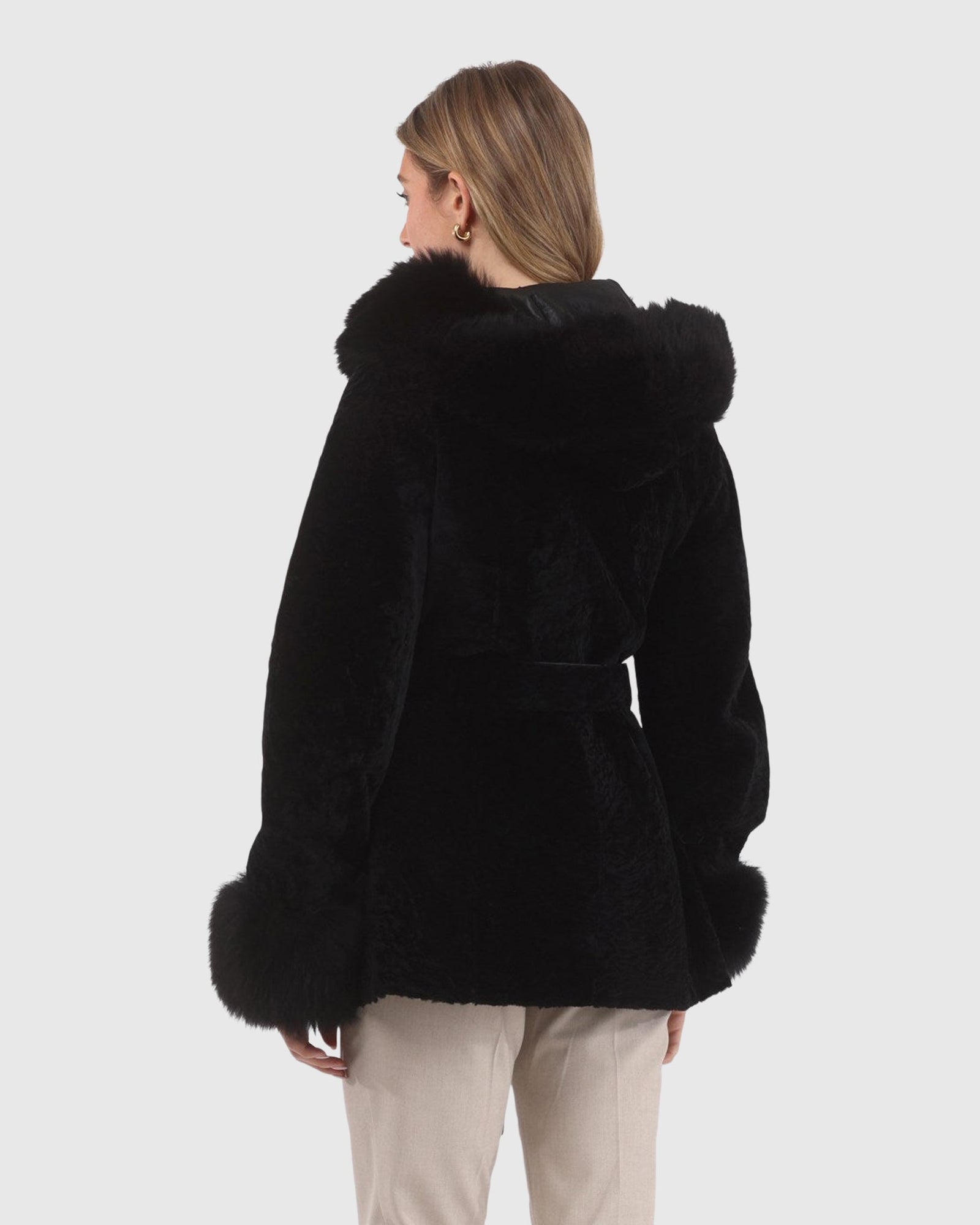 Textured Shearling Lamb Reversible Parka With Merinillo Shearling Lamb Hood Trim, Tuxedo, Cuffs & Belt | Black/Black