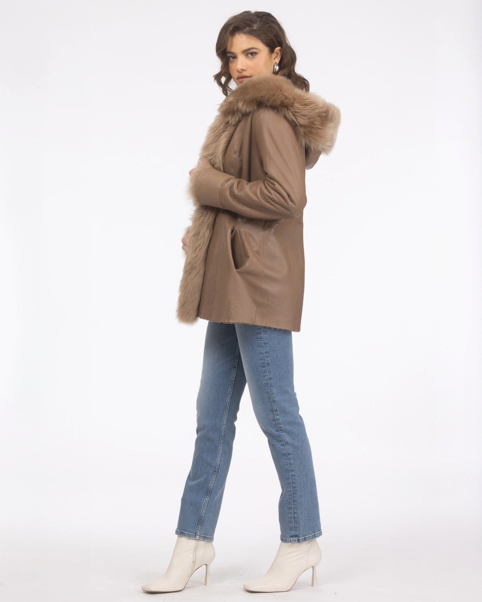 Tetured Shearling Lamb Reversible Parka With Merinillo Shearling Lamb Hood Trim, Tuedo, Cuffs & Belt | Women | Camel x Camel