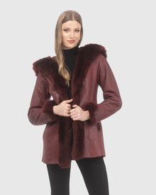 Textured Shearling Lamb Reversible Parka With Merinillo Shearling Lamb Hood Trim, Tuxedo, Cuffs & Belt | Wine/Wine