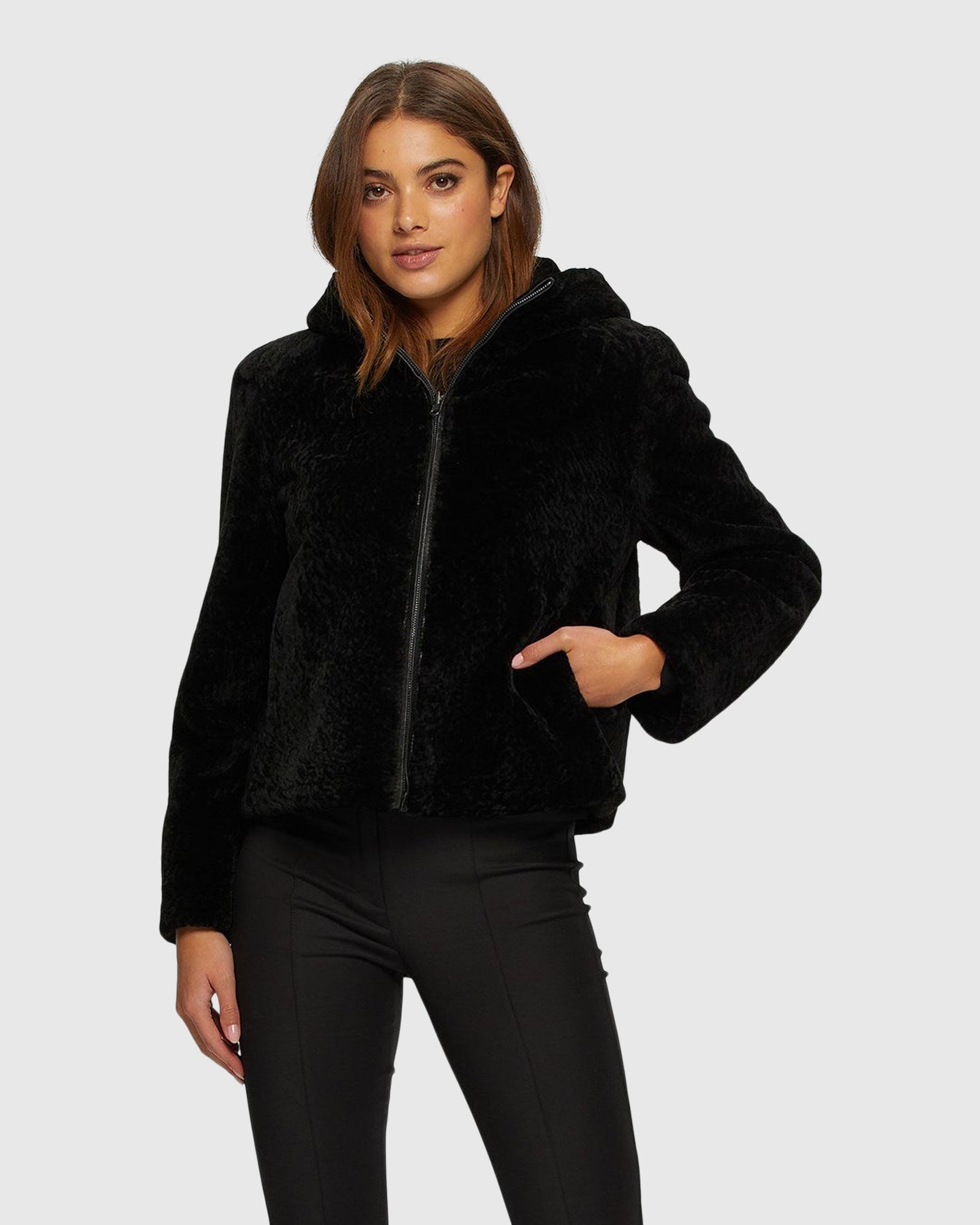 Textured Shearling Lamb Zip Parka Reversible To Taffeta | Black/Black