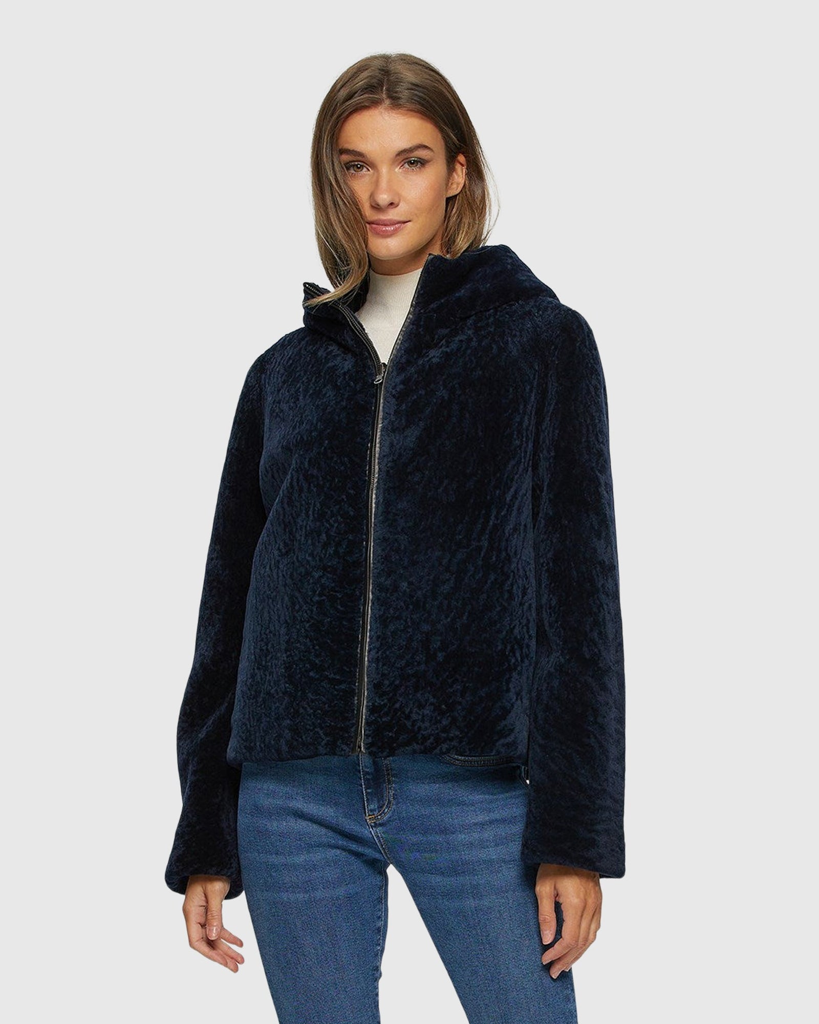 Textured Shearling Lamb Zip Parka Reversible To Taffeta | Navy/Black