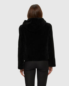 Textured Shearling Lamb Zip Parka Reversible To Taffeta | Black/Black
