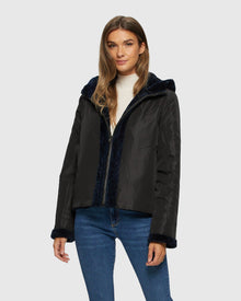 Textured Shearling Lamb Zip Parka Reversible To Taffeta | Navy/Black