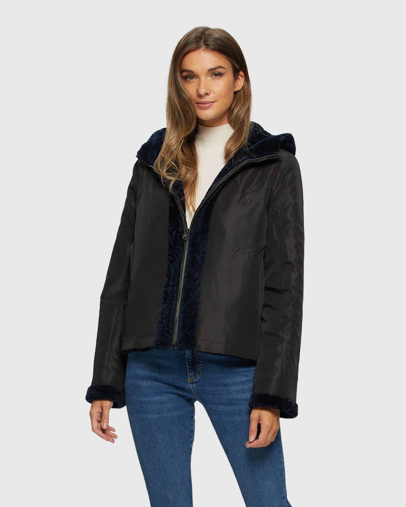 Textured Shearling Lamb Zip Parka Reversible To Taffeta | Navy/Black