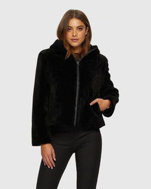 Textured Shearling Lamb Zip Parka Reversible To Taffeta | Black/Black