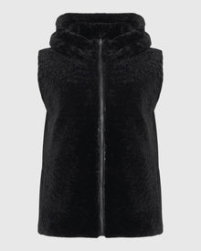 Textured Shearling Lamb Zip Vest Hooded Reversible To Taffeta | Black/Black