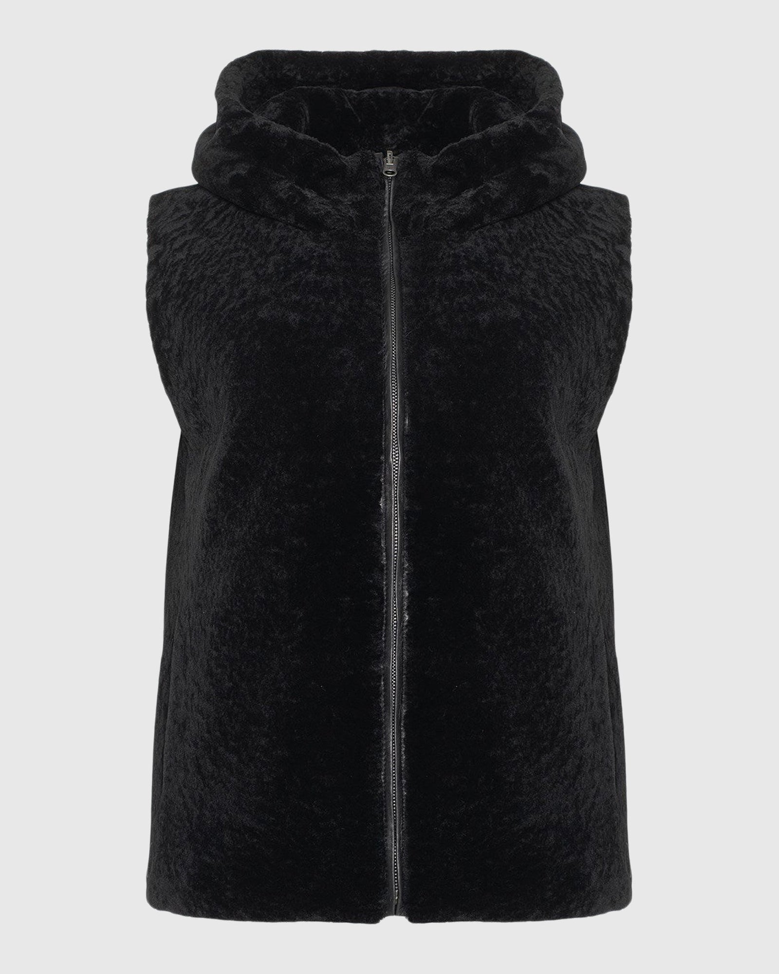 Textured Shearling Lamb Zip Vest Hooded Reversible To Taffeta | Black/Black