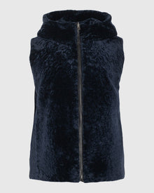 Textured Shearling Lamb Zip Vest Hooded Reversible To Taffeta | Navy/Black