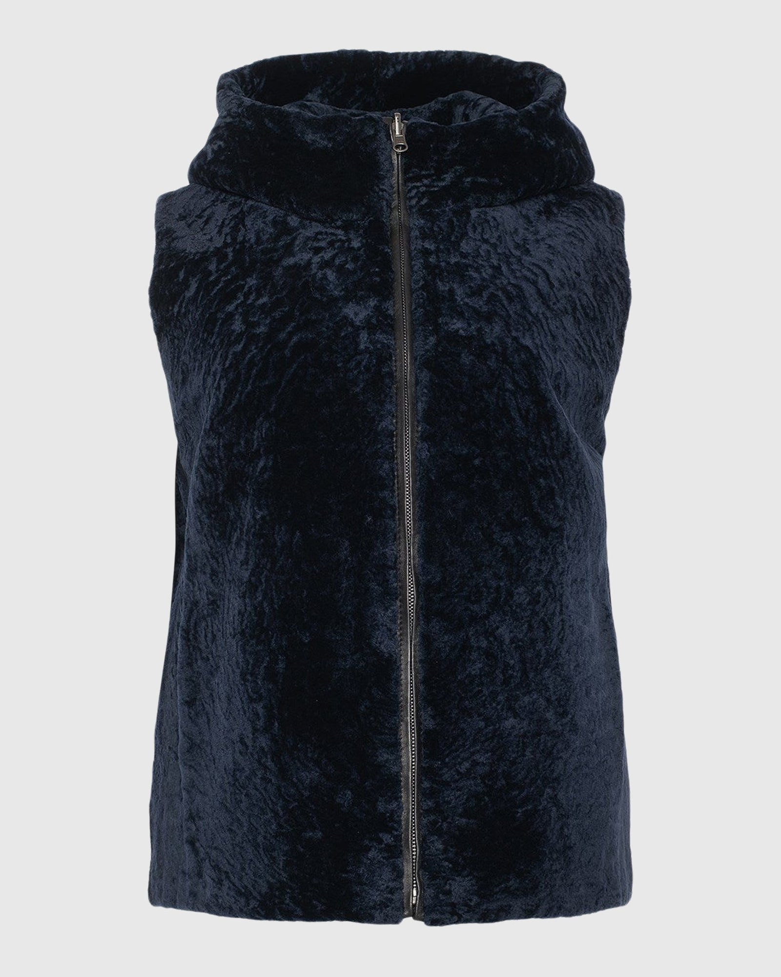 Textured Shearling Lamb Zip Vest Hooded Reversible To Taffeta | Navy/Black