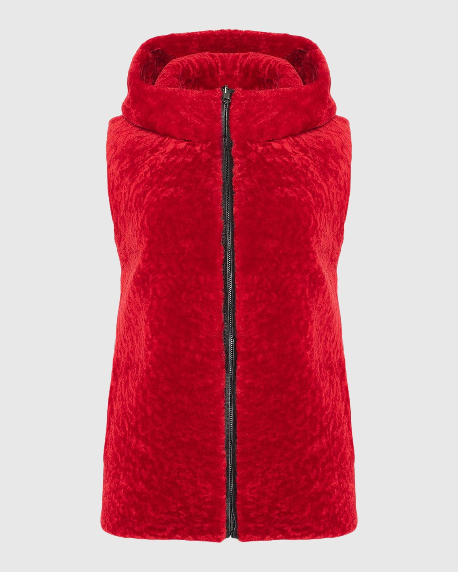 Textured Shearling Lamb Zip Vest Hooded Reversible To Taffeta | Red/Black