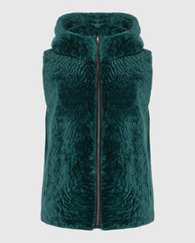 Textured Shearling Lamb Zip Vest Hooded Reversible To Taffeta | Emerald/Black