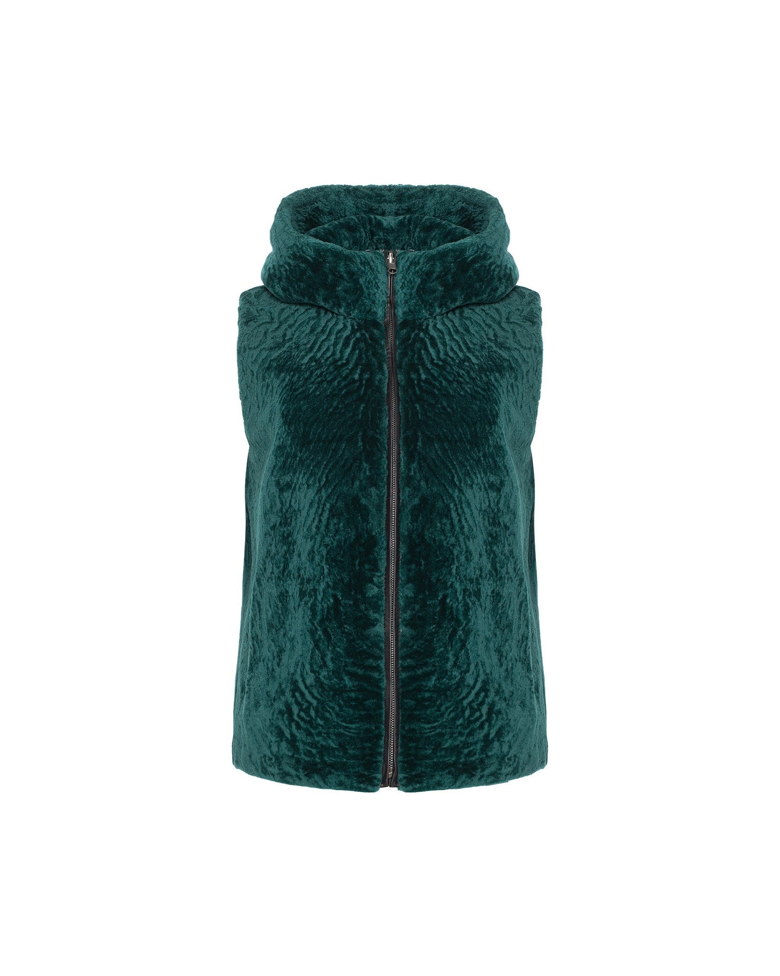 Tetured Shearling Lamb Zip Vest Hooded Reversible To Taffeta | Women | Emerald x Black