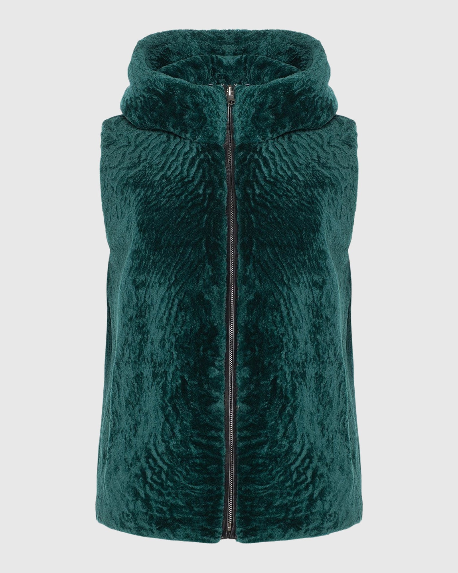 Textured Shearling Lamb Zip Vest Hooded Reversible To Taffeta | Emerald/Black