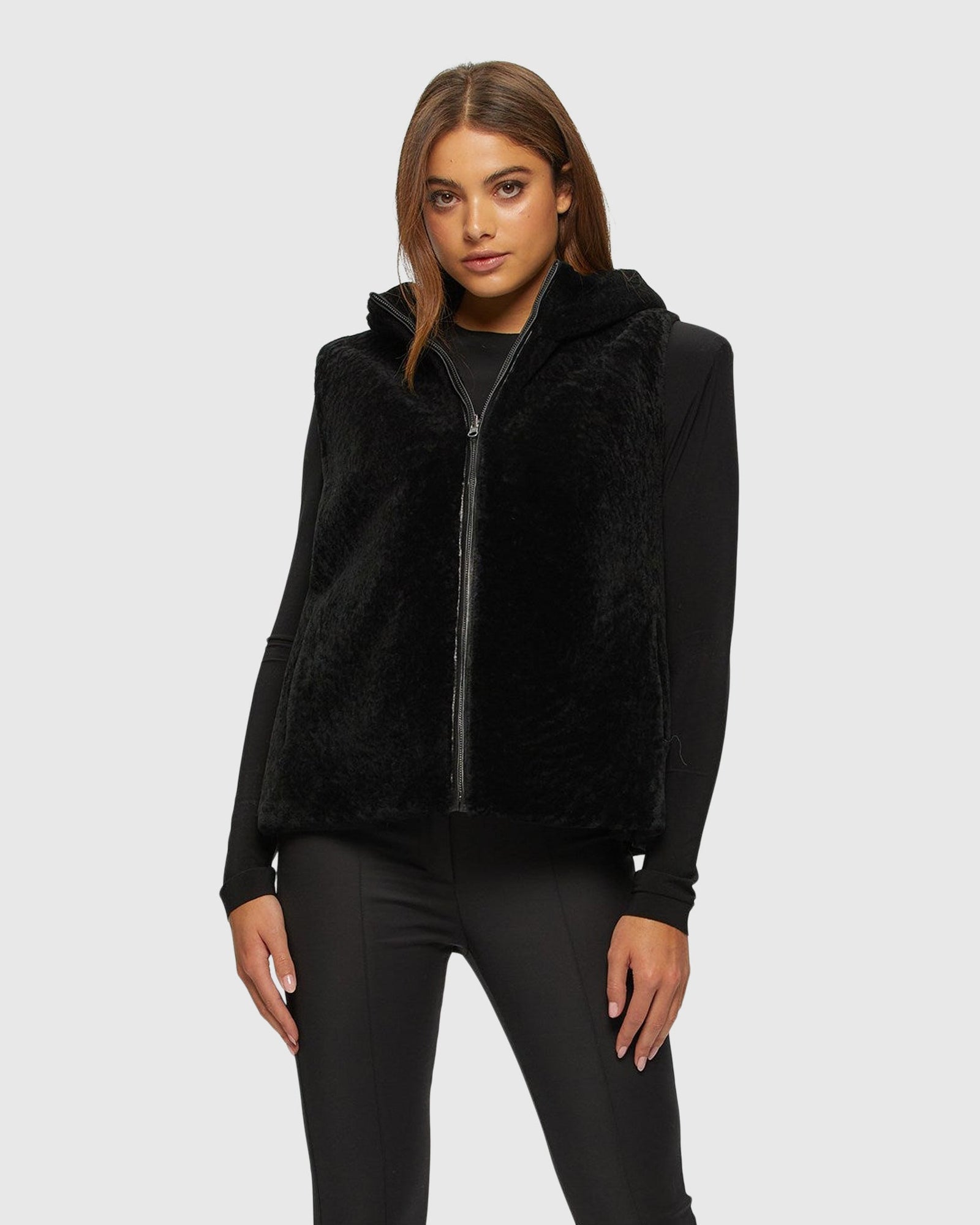 Textured Shearling Lamb Zip Vest Hooded Reversible To Taffeta | Black/Black