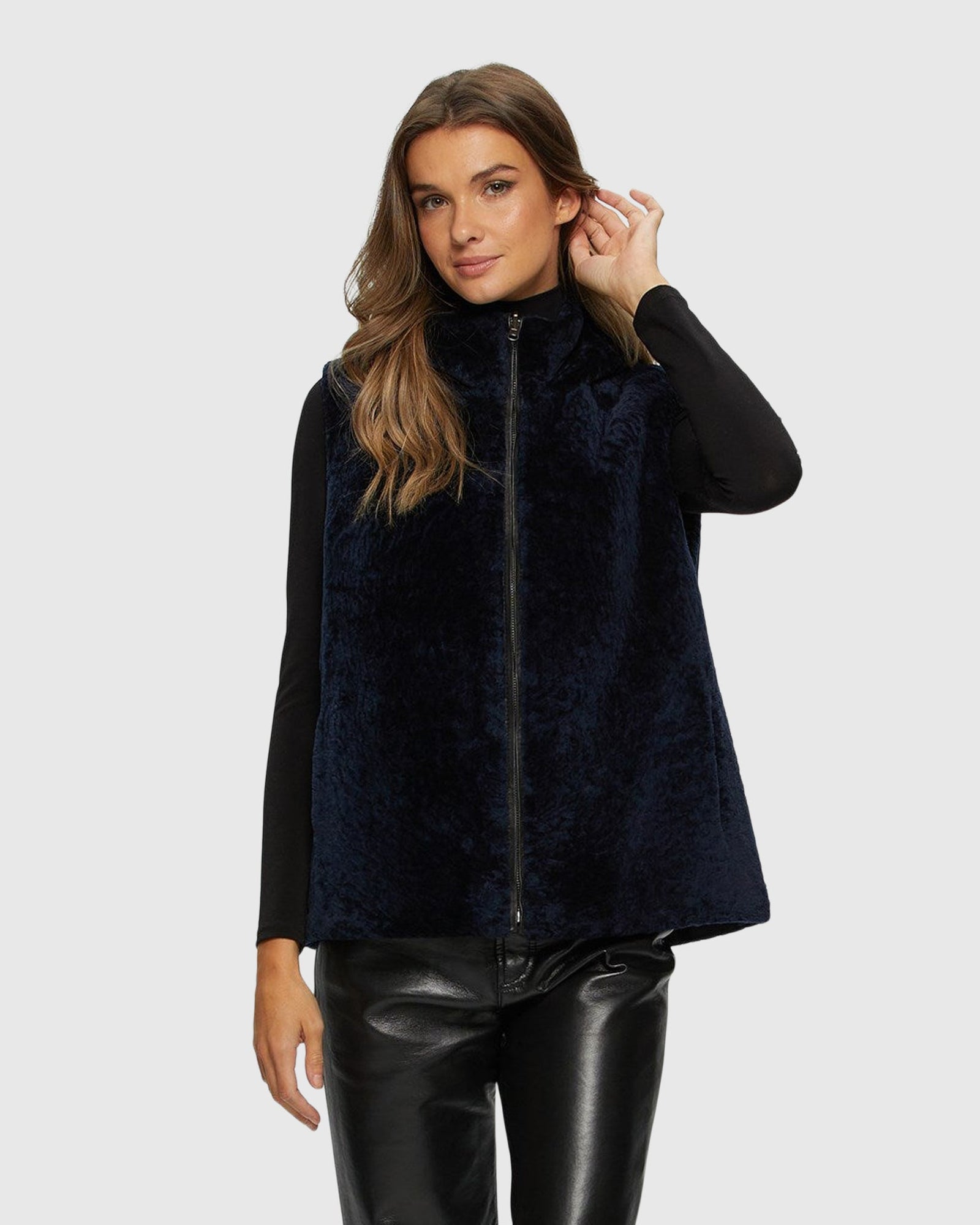 Textured Shearling Lamb Zip Vest Hooded Reversible To Taffeta | Navy/Black