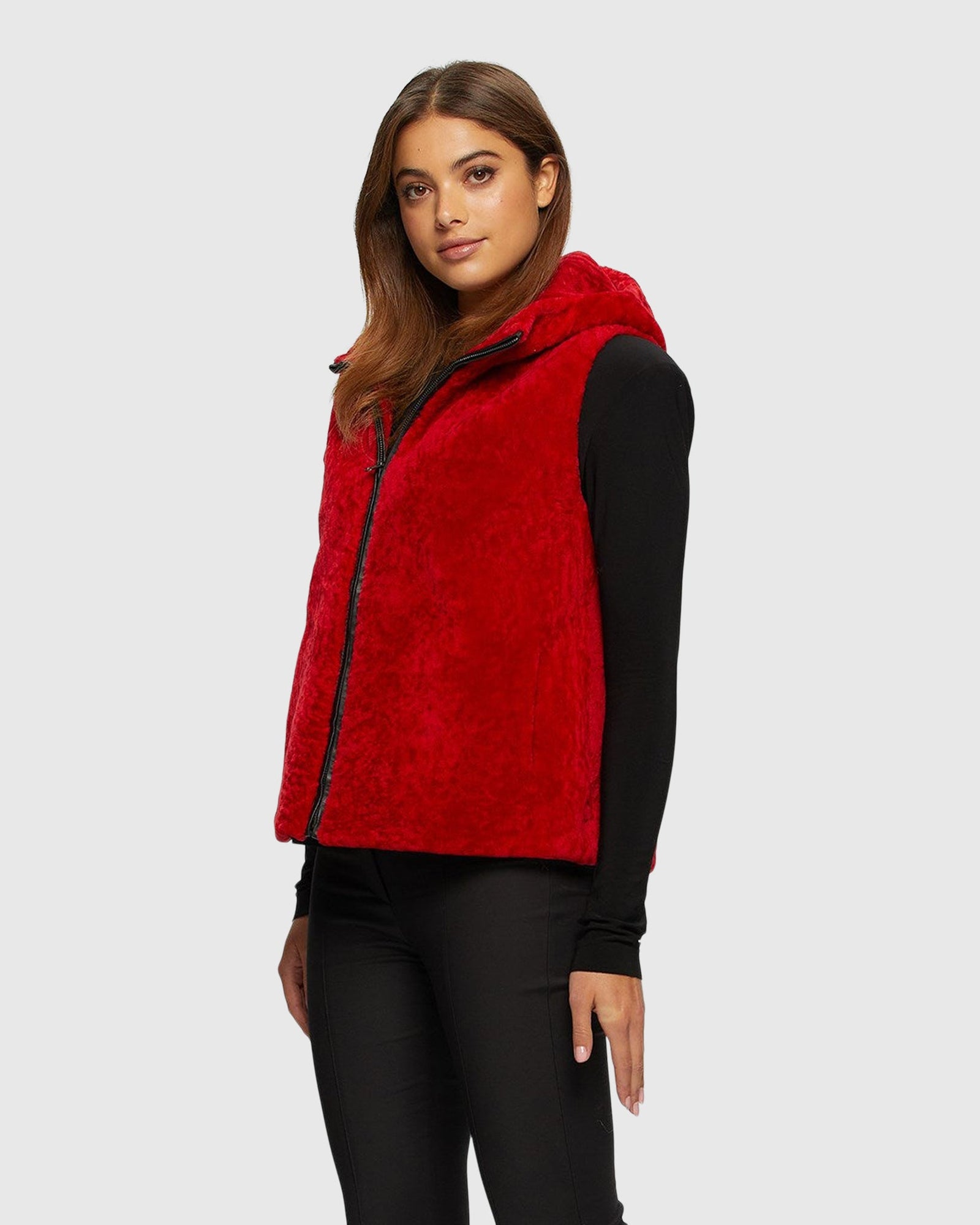 Textured Shearling Lamb Zip Vest Hooded Reversible To Taffeta | Red/Black