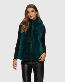 Textured Shearling Lamb Zip Vest Hooded Reversible To Taffeta | Emerald/Black
