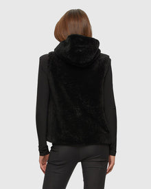 Textured Shearling Lamb Zip Vest Hooded Reversible To Taffeta | Black/Black