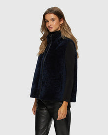 Textured Shearling Lamb Zip Vest Hooded Reversible To Taffeta | Navy/Black