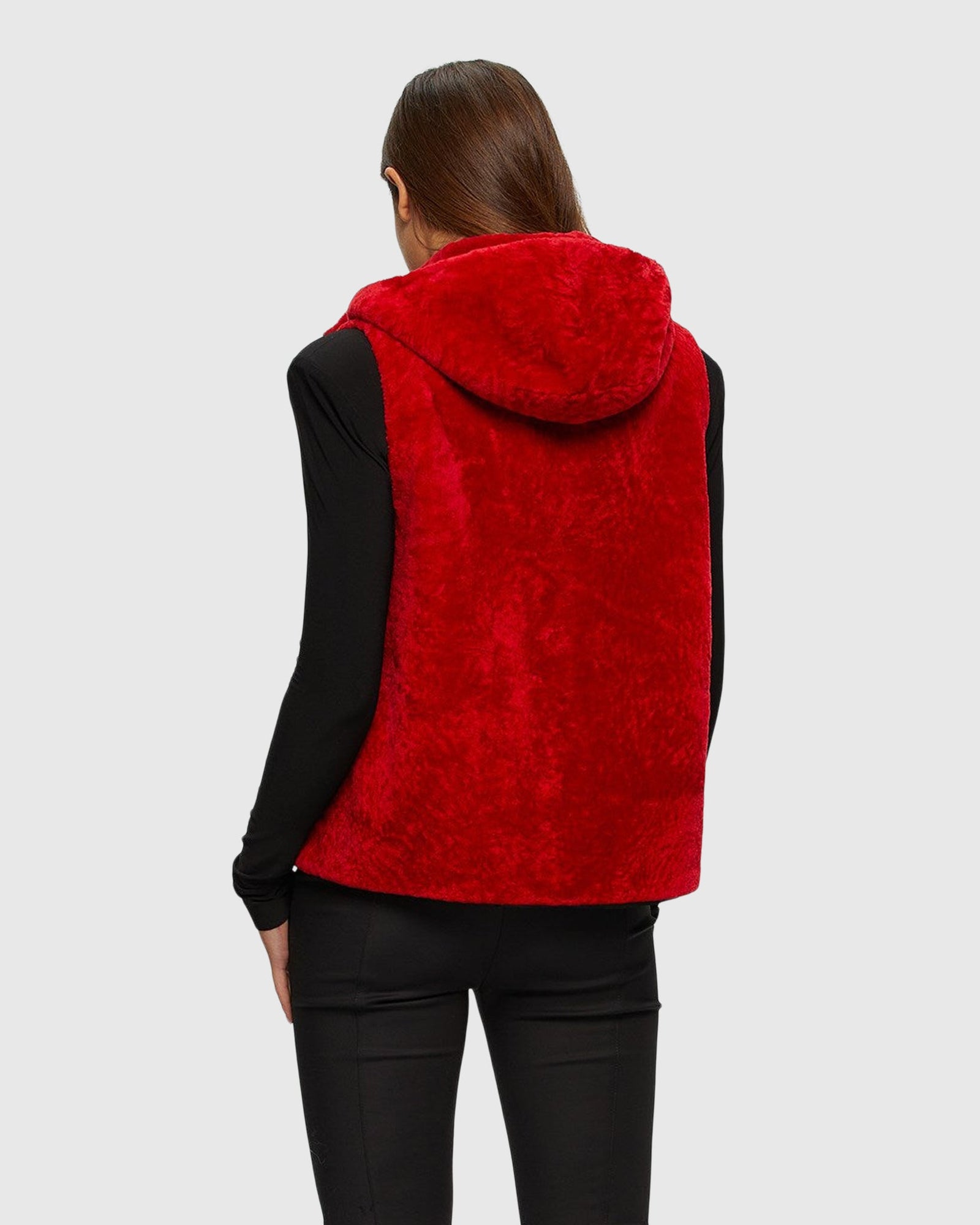 Textured Shearling Lamb Zip Vest Hooded Reversible To Taffeta | Red/Black