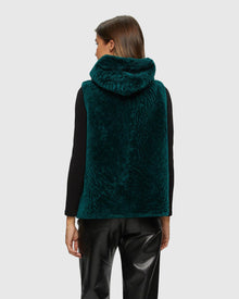 Textured Shearling Lamb Zip Vest Hooded Reversible To Taffeta | Emerald/Black