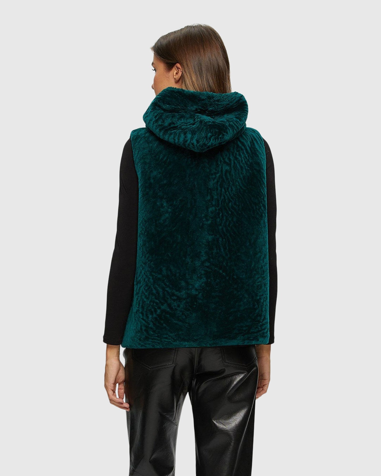 Textured Shearling Lamb Zip Vest Hooded Reversible To Taffeta | Emerald/Black