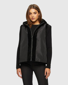 Textured Shearling Lamb Zip Vest Hooded Reversible To Taffeta | Black/Black