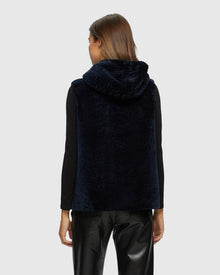 Textured Shearling Lamb Zip Vest Hooded Reversible To Taffeta | Navy/Black