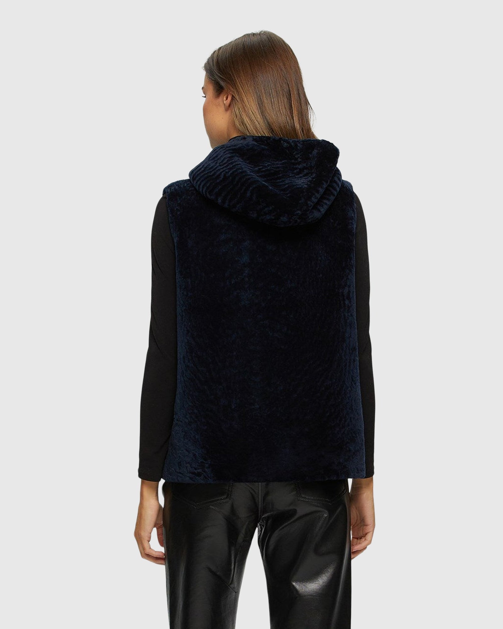 Textured Shearling Lamb Zip Vest Hooded Reversible To Taffeta | Navy/Black