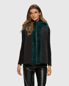 Textured Shearling Lamb Zip Vest Hooded Reversible To Taffeta | Emerald/Black