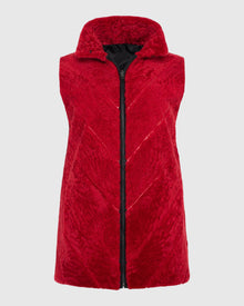 Textured Shearling Lamb Zip Vest Reversible To Taffeta | Red/Black