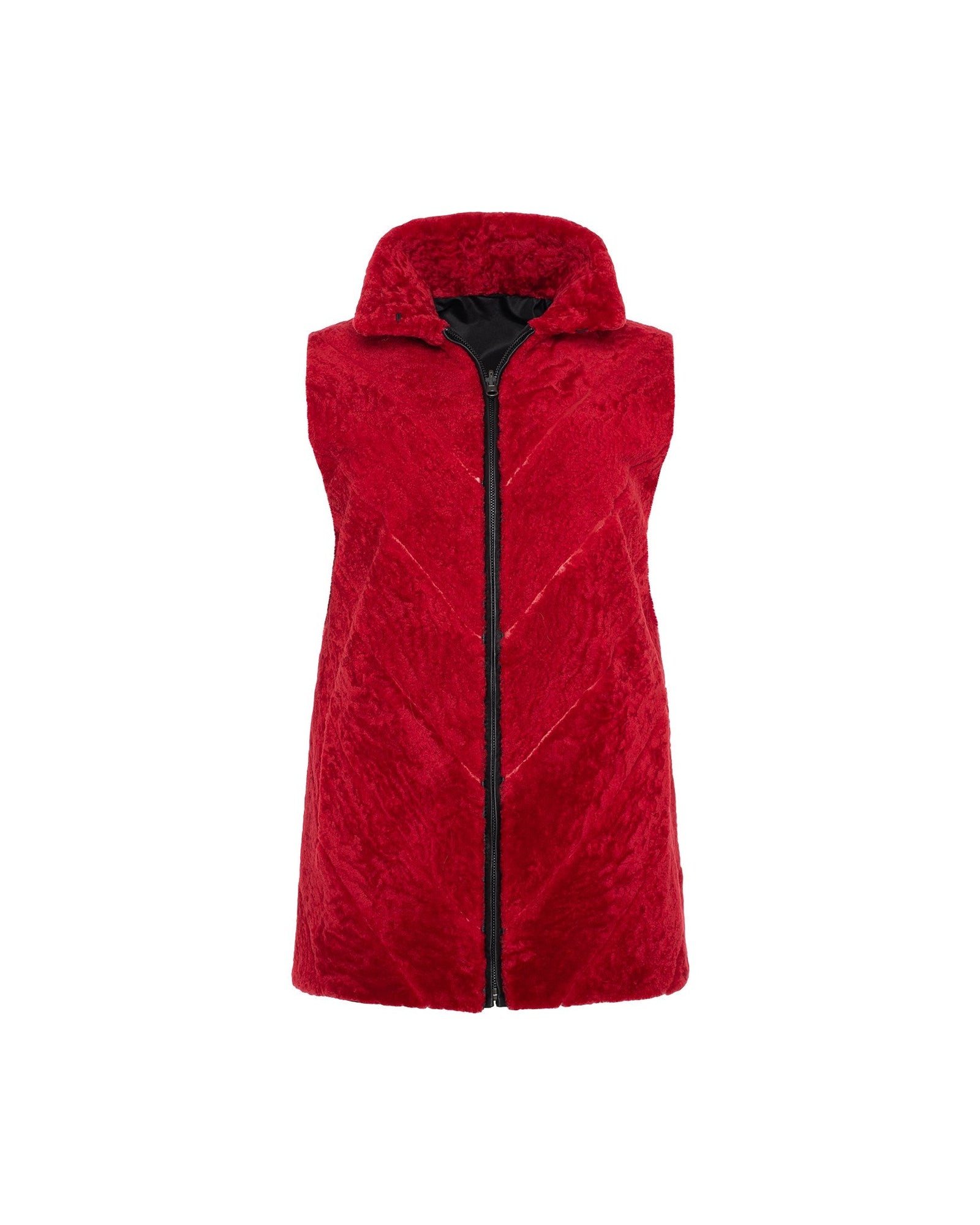 Tetu Shearling Lamb Zip Vest Reversible To Taffeta | Women | Red x Black