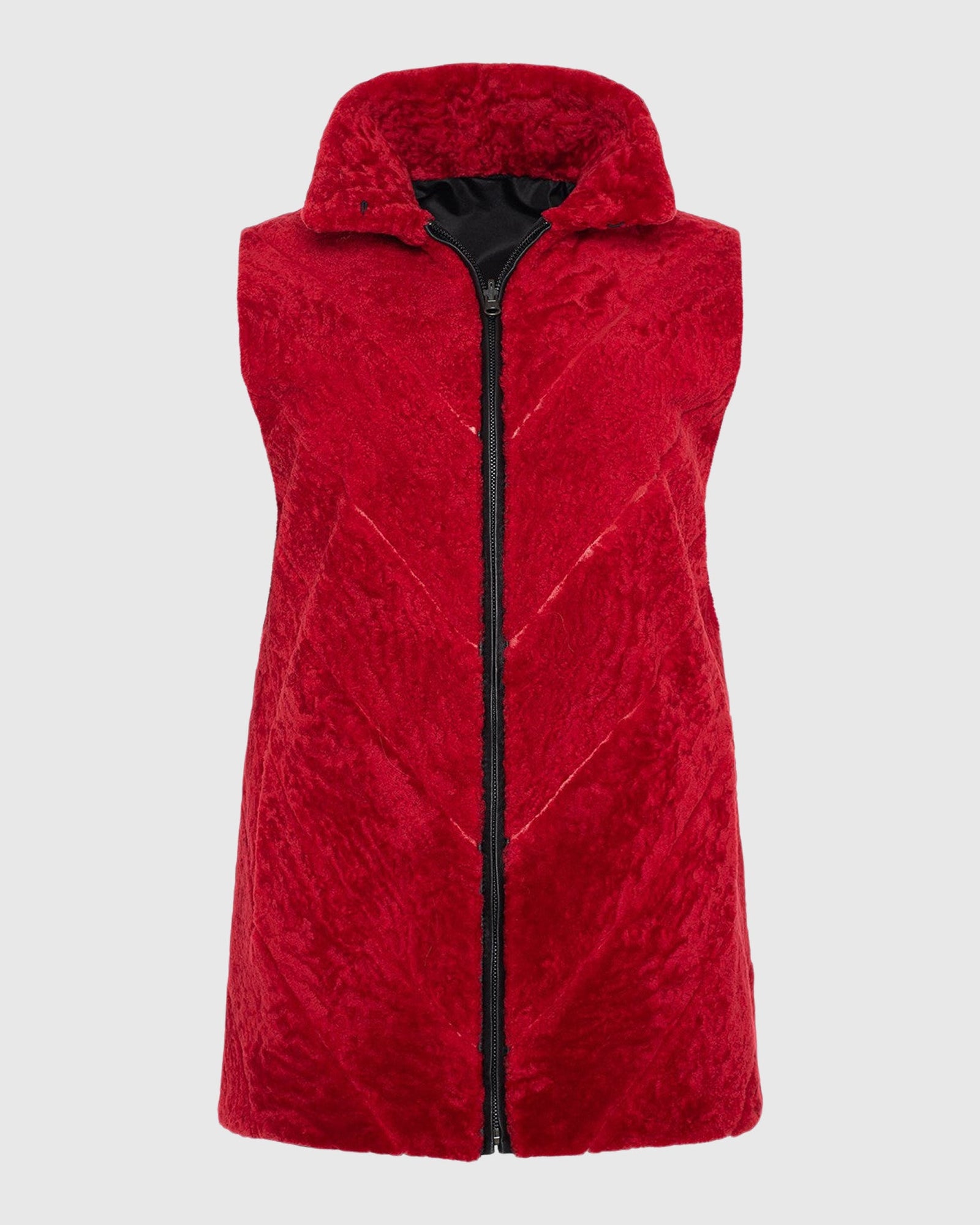 Textured Shearling Lamb Zip Vest Reversible To Taffeta | Red/Black