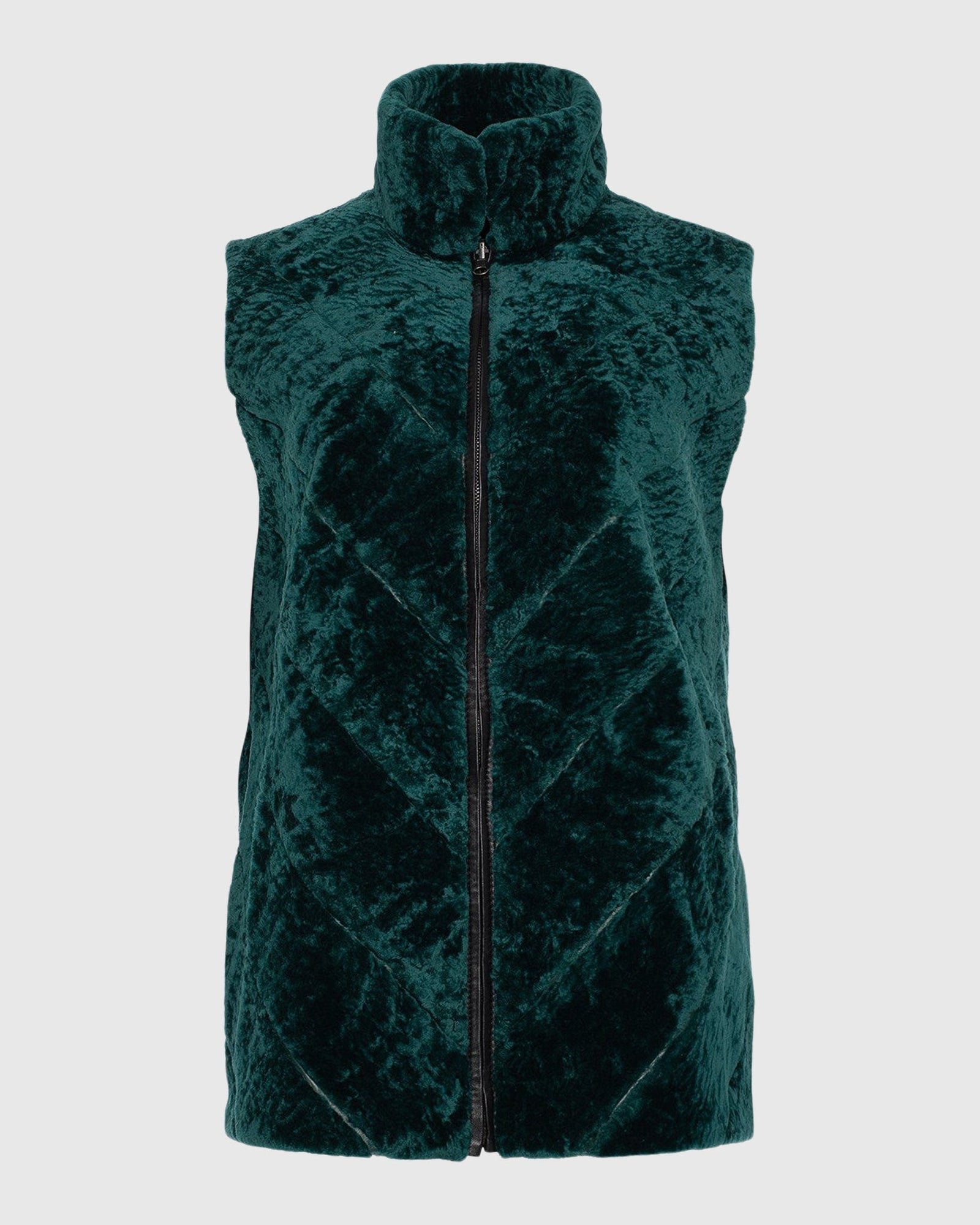 Textured Shearling Lamb Zip Vest Reversible To Taffeta | Emerald/Black