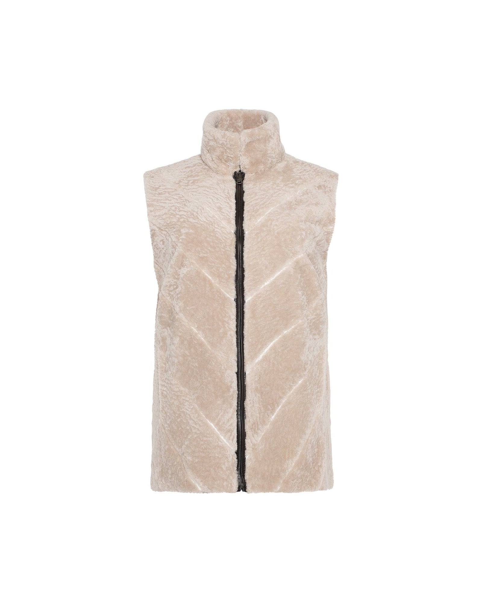 Tetured Shearling Lamb Zip Vest Reversible To Taffeta | Women | Beige x Dark Brown