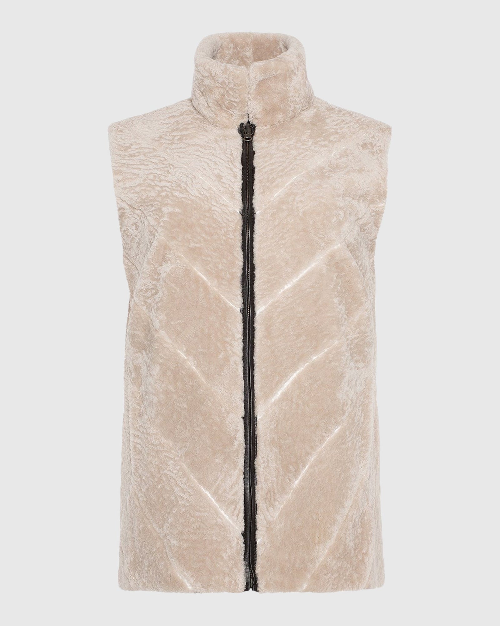 Textured Shearling Lamb Zip Vest Reversible To Taffeta | Beige/Dark Brown