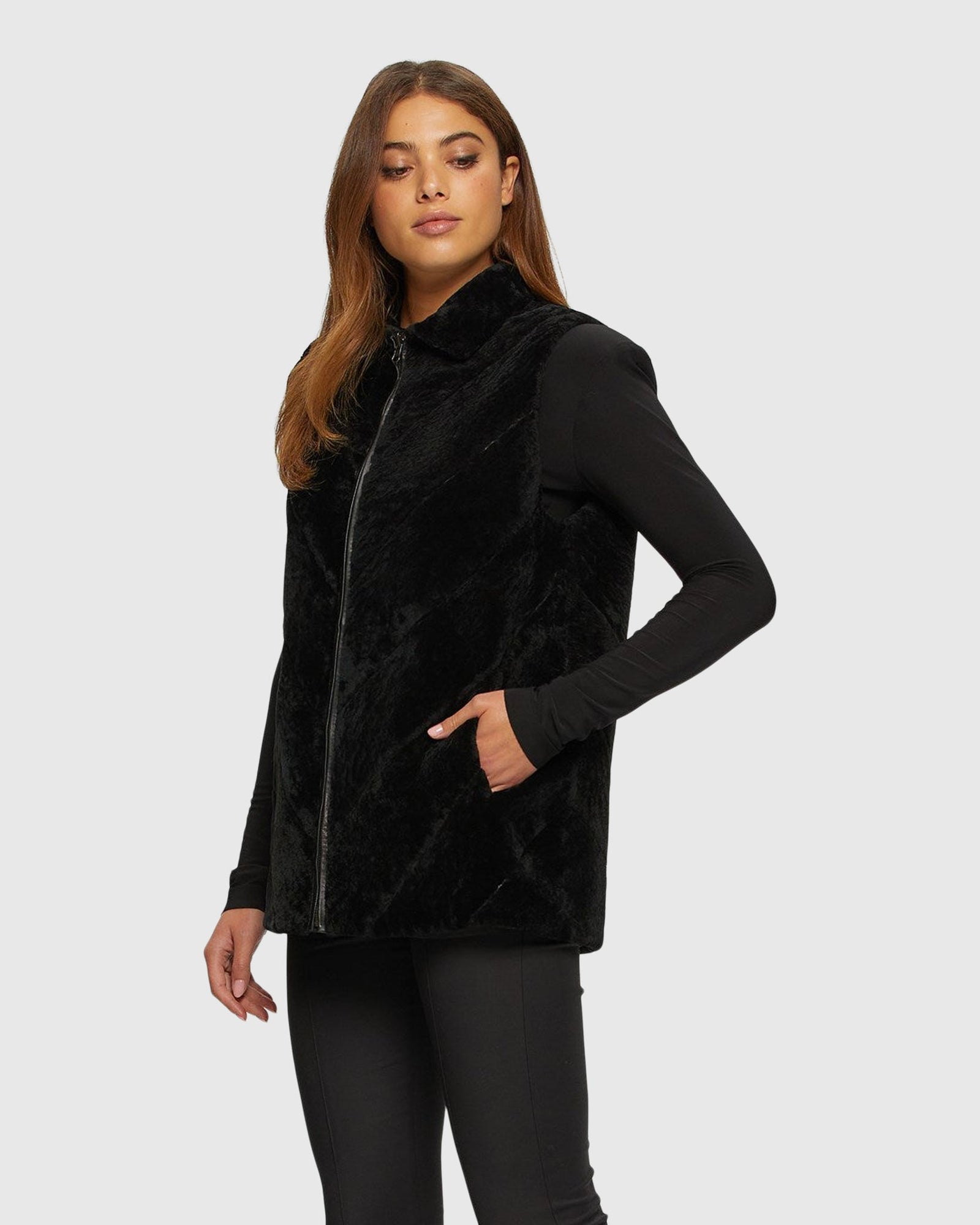 Textured Shearling Lamb Zip Vest Reversible To Taffeta | Black/Black
