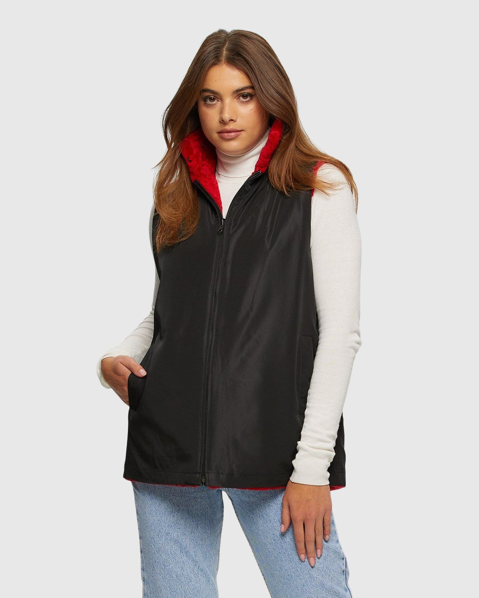 Textured Shearling Lamb Zip Vest Reversible To Taffeta | Red/Black