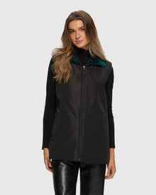 Textured Shearling Lamb Zip Vest Reversible To Taffeta | Emerald/Black