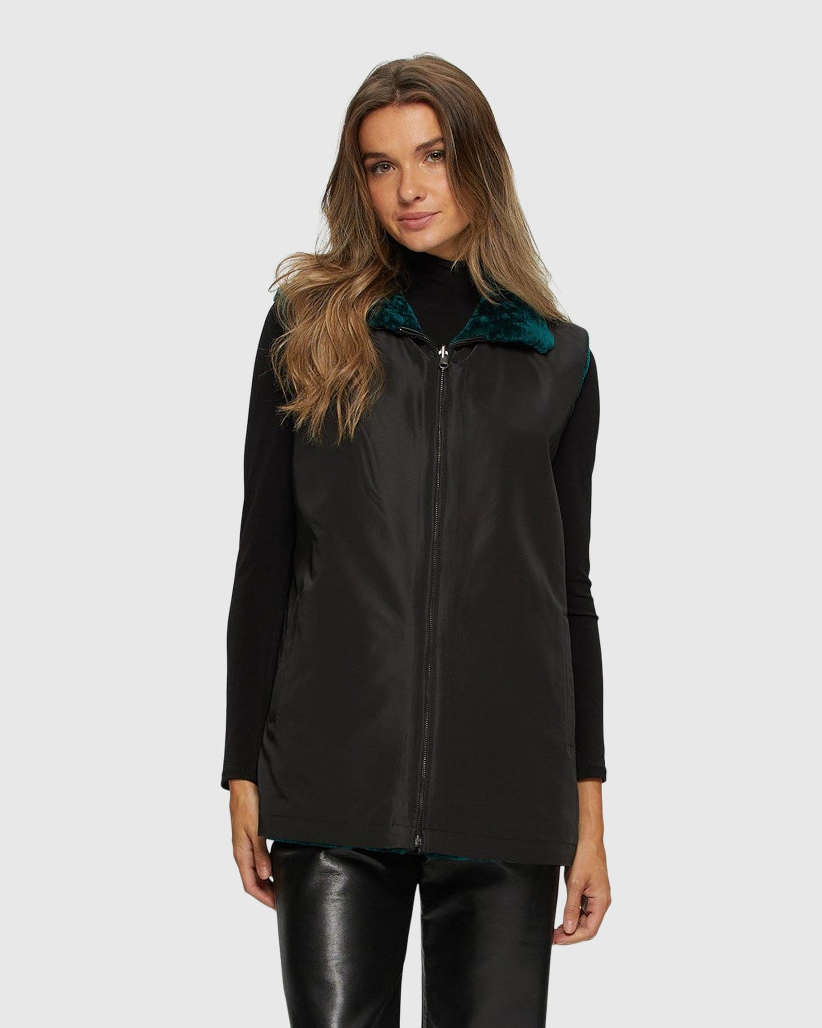 Textured Shearling Lamb Zip Vest Reversible To Taffeta | Emerald/Black