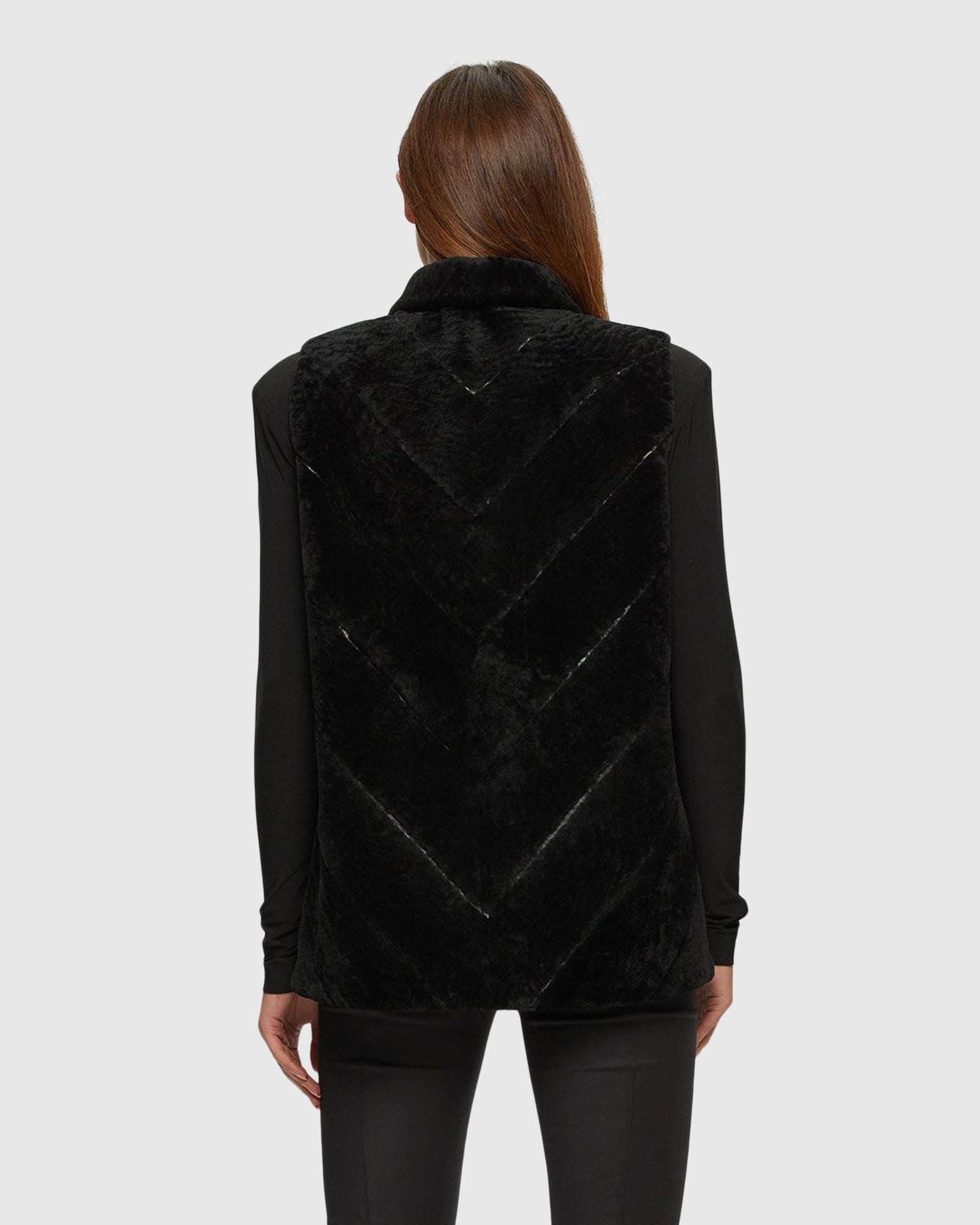 Textured Shearling Lamb Zip Vest Reversible To Taffeta | Black/Black