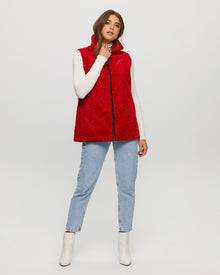 Tetu Shearling Lamb Zip Vest Reversible To Taffeta | Women | Red x Black